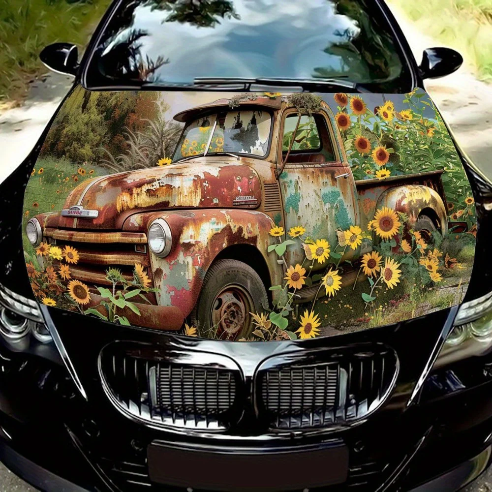 Nostalgic Sunflower Field and Rusty Car Hood Decal Sticker, Durable Car Vinyl Wraps Suitable for Most Vehicles, Car Engine Hood