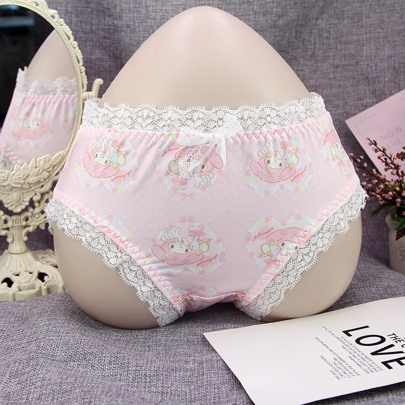 My Melody Cinnamoroll Women\'s Underwomen Lace Panties Ice Silk Mid-waist Briefs Ribbon Bow Kawaii Cute Sexy Fashion Lingerie