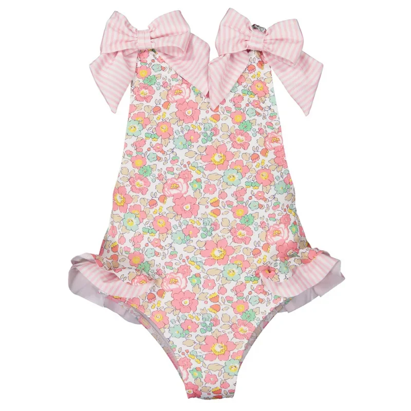 Baby Girls Swimwear Blue/Pink Floral Print Cute Bow One Piece Suspender Swimsuit Fashion Children Beach Clothes E1158