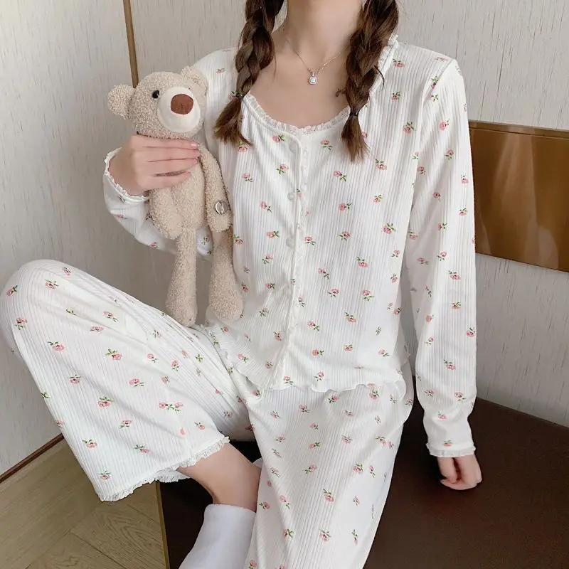 Floral Pajama Sets Women Sweet Teenagers Cozy Breathable Long Sleeve Tops Ankle Length Pants Lovely Sleepwear Loose Lounge Chic