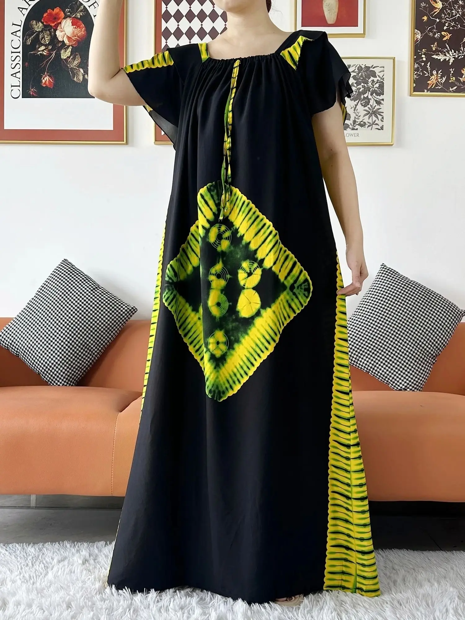 New Summer African Lady Kaftan Short Sleeve Loose Dress  Boat-Neck Floral Boubou Maxi Islam Women African Clothes