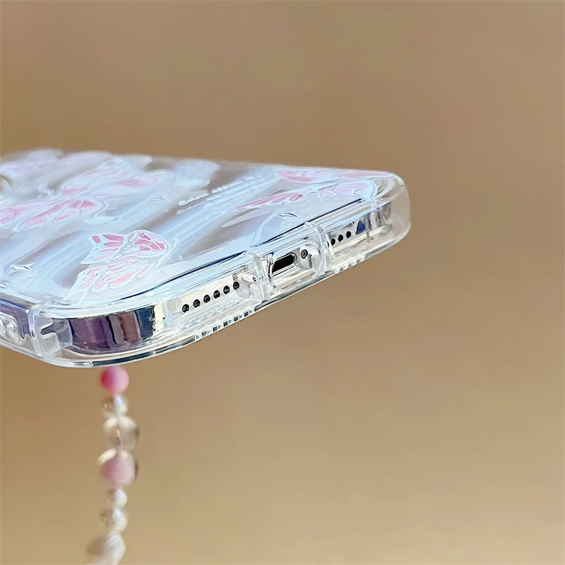 Korean 3D Butterfly Bracelet Chain Case For iPhone 16 Pro Max 15 14 13 12 11 Pro Cover Funda Aurora Gradient Laser With Lanyard
