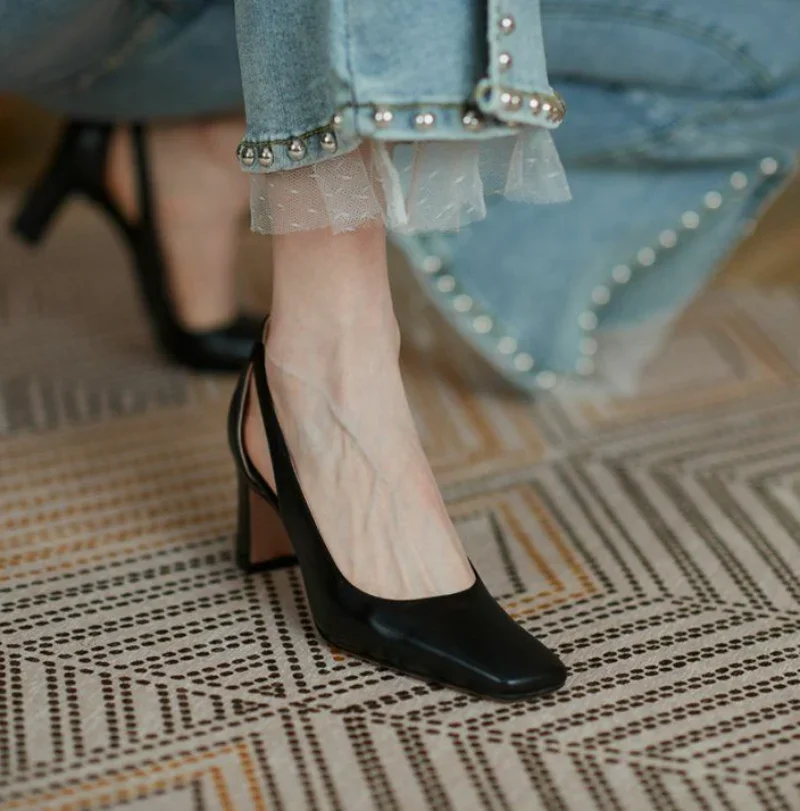 Woman Footwear Office High Heels Black Square Toe Block Heel on Heeled Normal Leather Casual Pumps Chunky Shoes for Women L Y2k