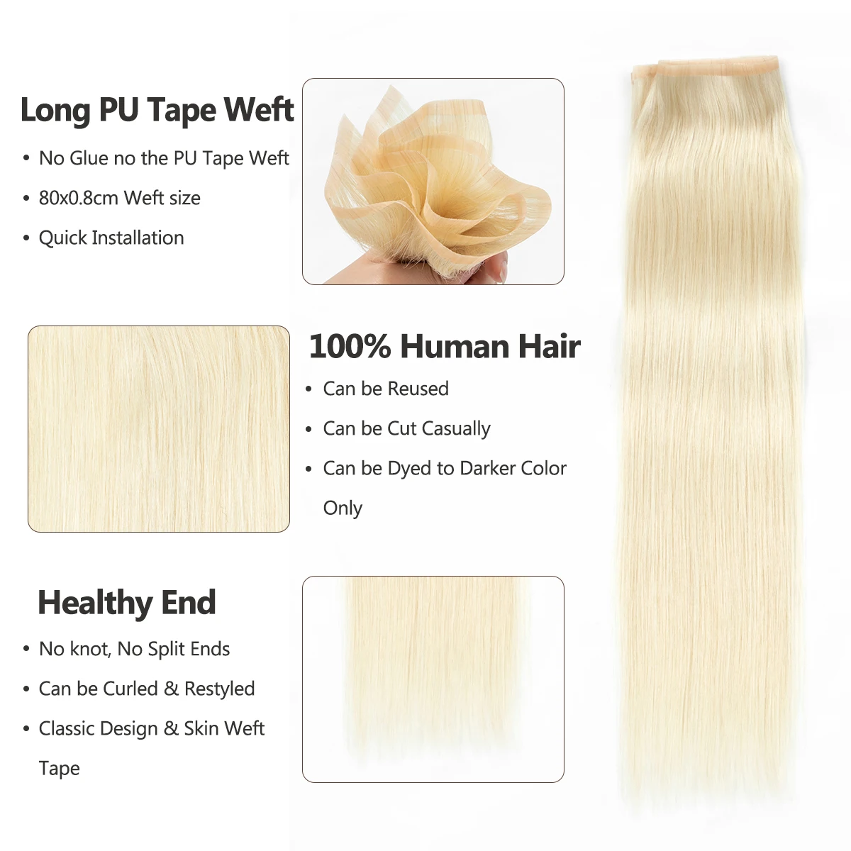 Soft Natural Seamless Tape Weft Human Hair Extensions No Glue PU Skin Hair Bundles 12 16 20 Inch For Women Daily Casual Wear