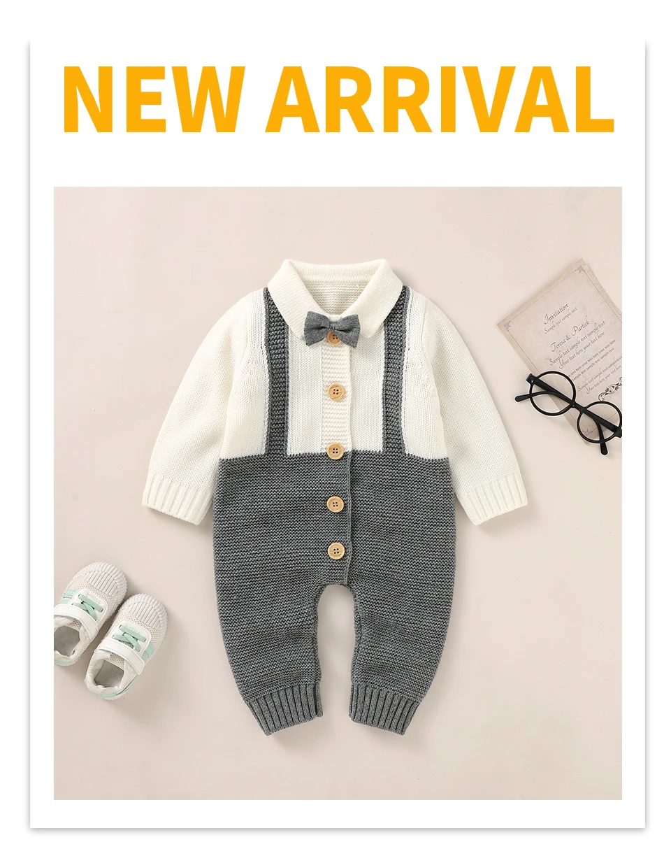 Baby Jungen Strampler Mode Herbst Winter Neugeborene Säuglinge Gentleman-Stil Overalls 0-18m Einteiliger Langarm-Strickanzug für Kleinkinder – Detail 1