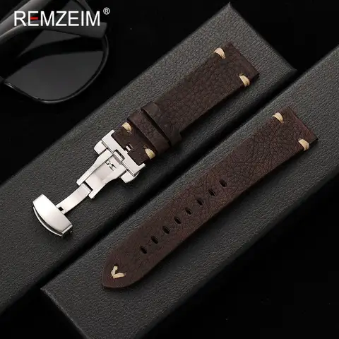 Retro Men Calfskin Genuine Leather Watch Band 18mm 20mm 22mm with Stainless Steel Butterfly Buckle Watchband Accessories