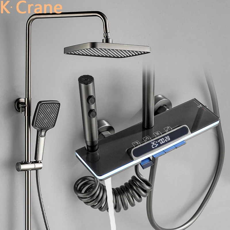 Ambient Light Bath Shower Faucet Bathroom Hot Cold Thermostatic Mixer Shower Set System Bathtub Wall Mount SPA Rain Fall Grifos