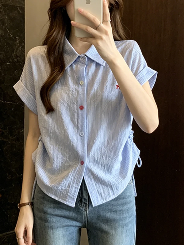 

Summer 2026 Women's Korean Style Slimming Stripe Knot Rainbow Button Short Sleeve Shirt for Plump Sisters Casual Top