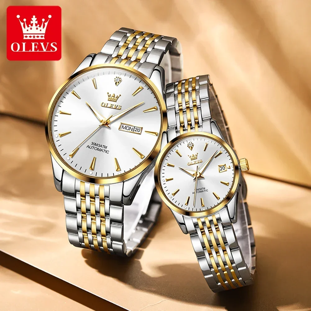 OLEVS New Fashion Couple Watches Luxury Stainless Steel Waterproof Luminous Automatic Mechanical Wristwatches Relogio Masculino