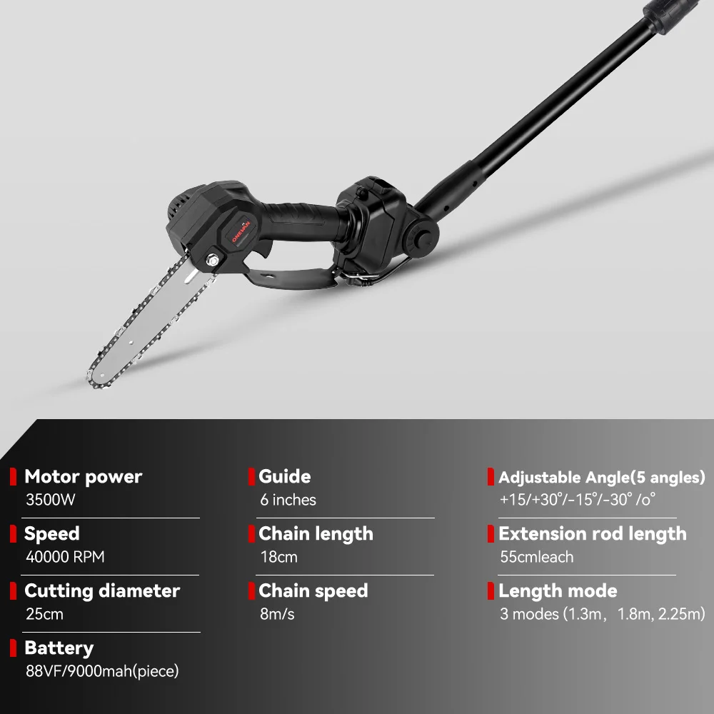 ONEVAN 3500W 2.25m Cordless Electric High Branch Saw Telescoping Chainsaw Pruner Home Garden Pruning Tool For 21V 18V Battery