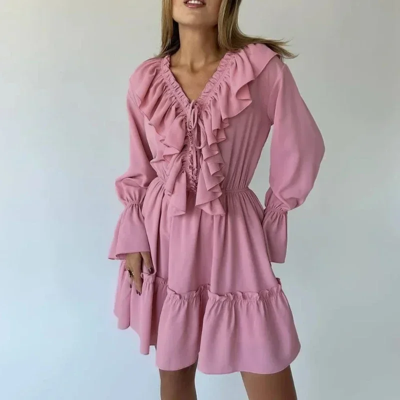 Robe française plissée à col en V pour femmes, manches cloche, robes trapèze, mini robe à volants doux, Streetwear, nouveau