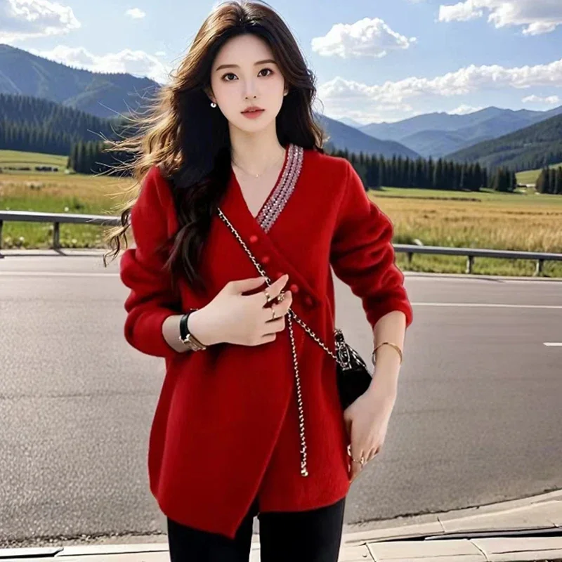 Women\'s Clothing New Fashion V-neck Patchwork Sweaters Autumn Winter Loose Temperament Solid Wool Commute Warm Knitted Pullovers