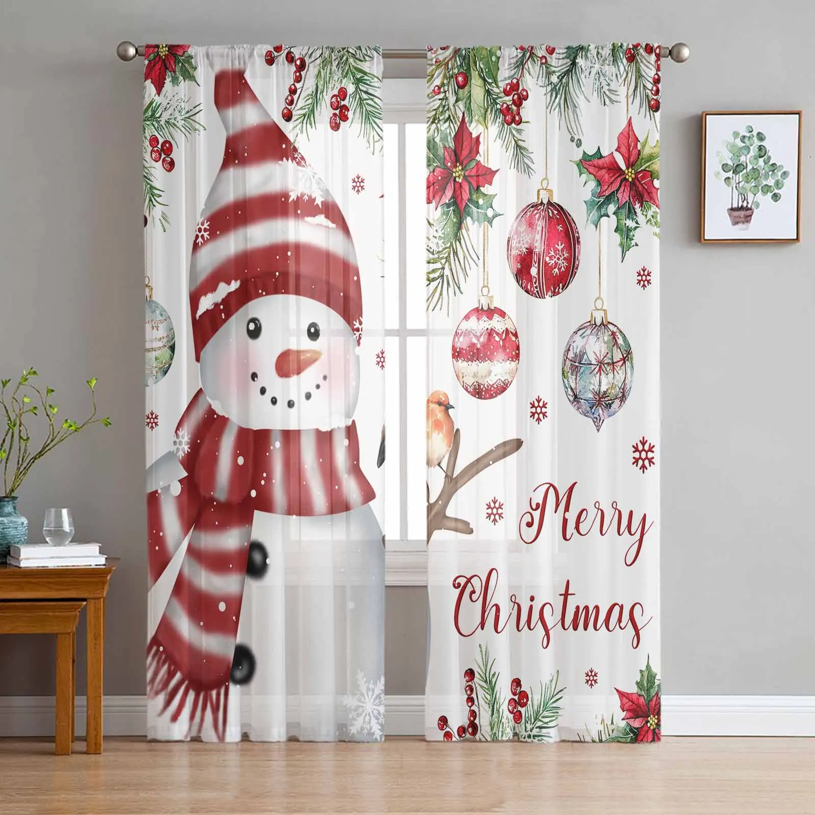 

Christmas Poinsettia Berries Snowman Tulle Curtains for Living Room Decoration Modern Chiffon Sheer Voile Christmas Curtains