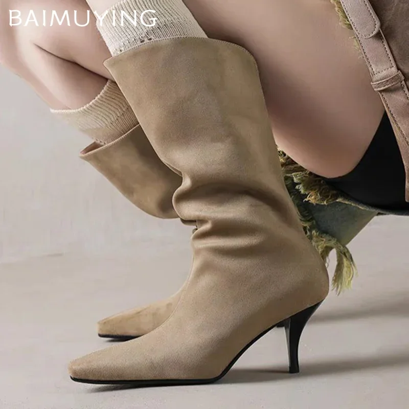 

Женские ботильоны с острым носком, дизайнерские брендовые Зимние полусапожки на высоком каблуке, 2025