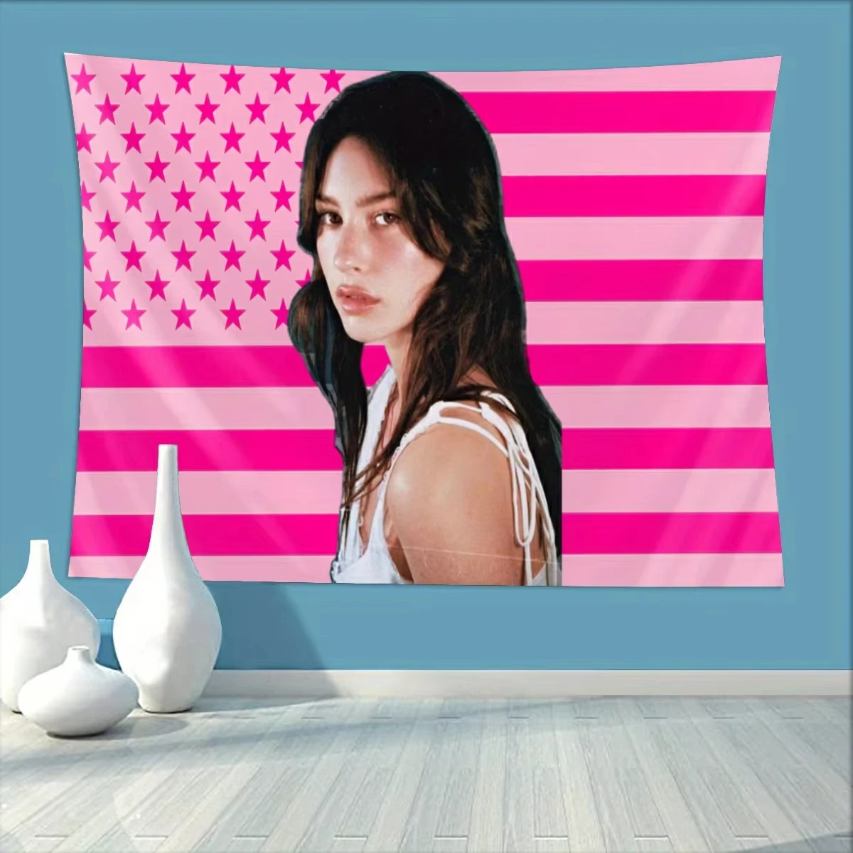 

Настенный гобелен Gracie Musics Abrams — розовые полоски и звезды в стиле американского флага, вертикальная стена из сверхтонкого волокна