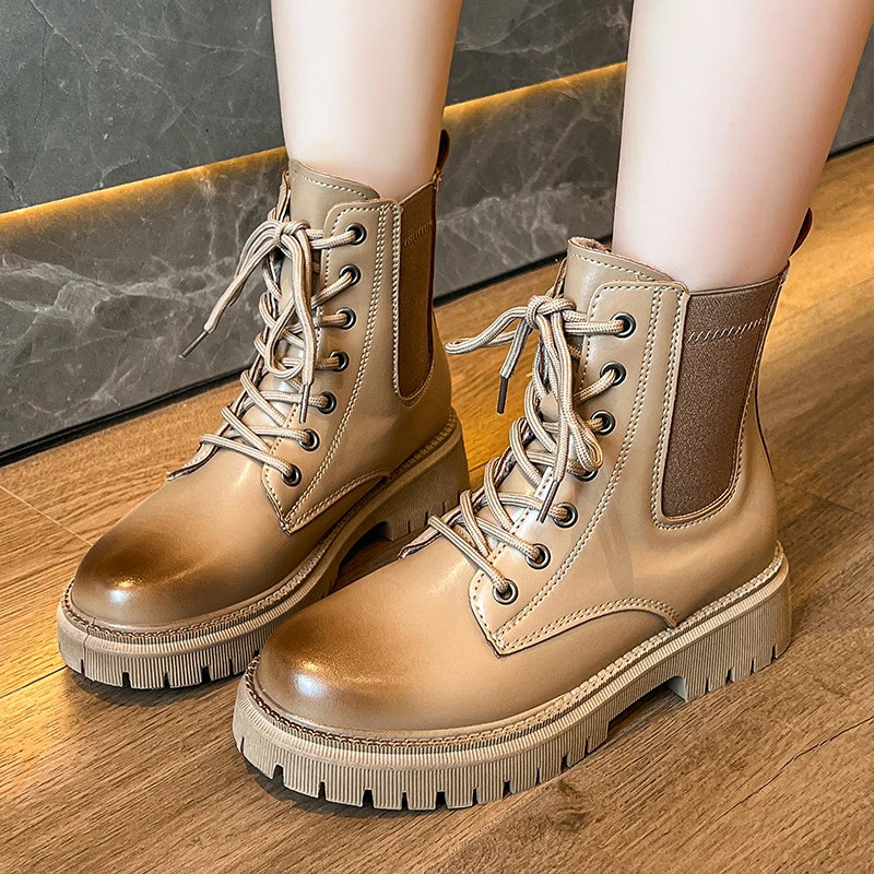 Winter Women\'s Boots 2023 New Fashion Gradient Round Toe Khaki Platform Shoes Female High-top Lace-up Hiking Boots Zapatos Mujer