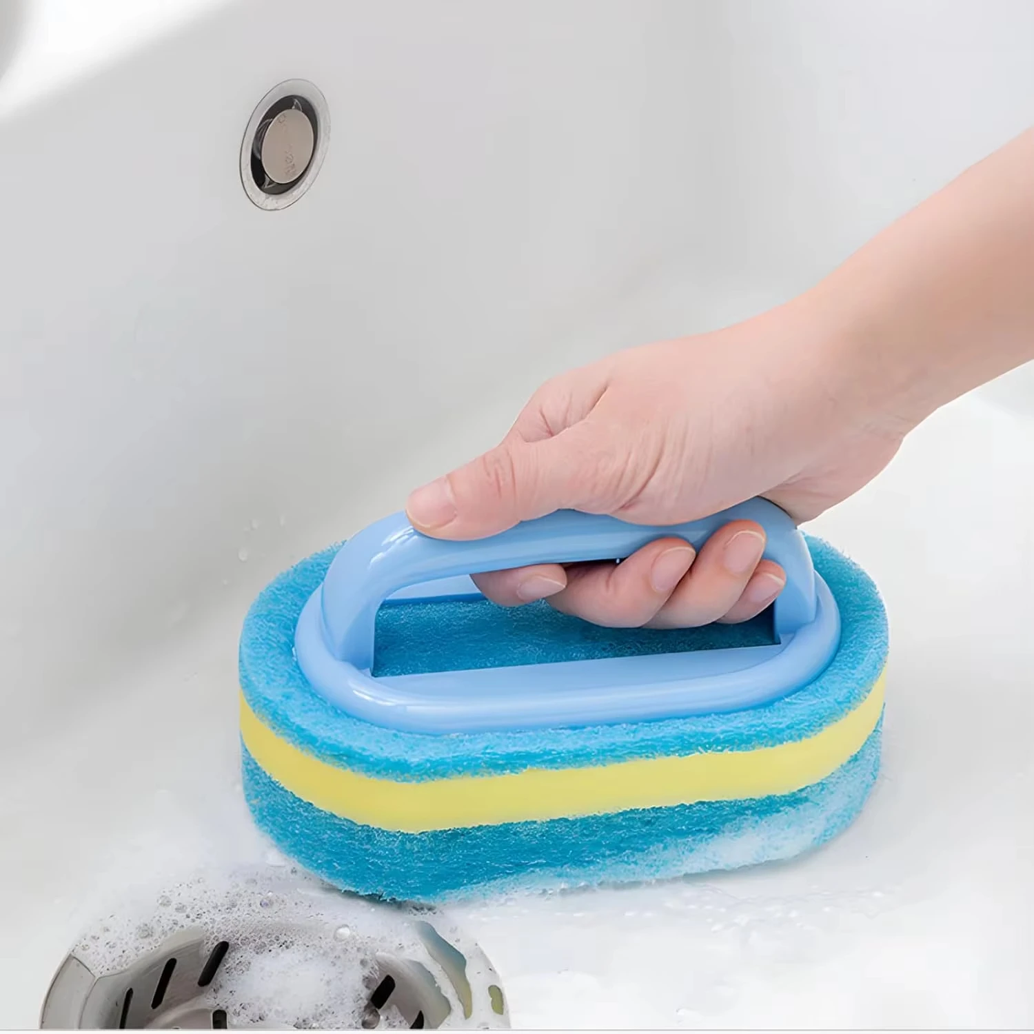 1PC Kitchen Cleaning Brush with Handle - Pot Washing Sponge High-Density Thick Scouring Pad Ceramic Tile Wall Cleaning Brush image 3