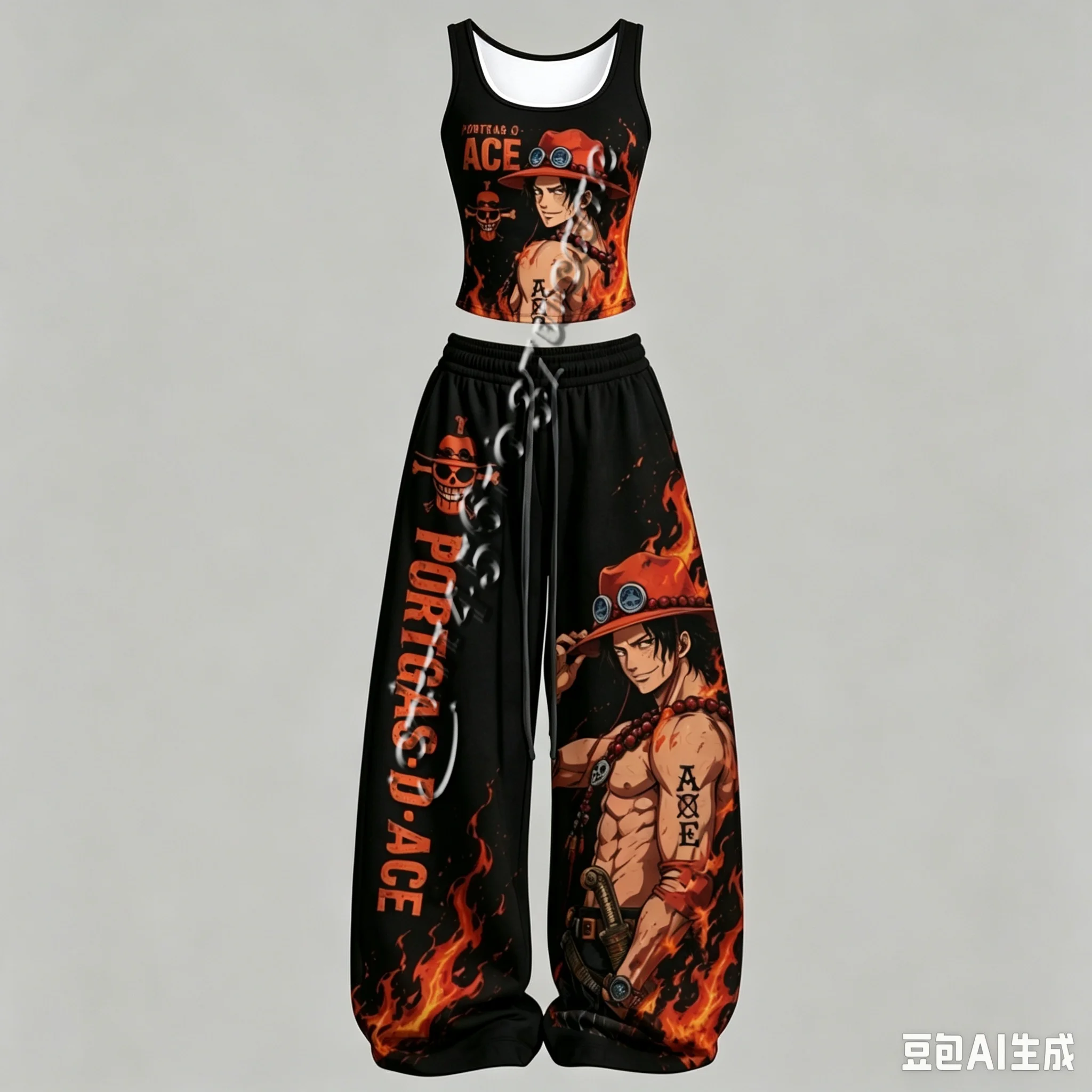 FamilyMatching New One Piece Zoro Ace Robin Law Series Anime Character Tank Top Wide Leg Pants Set Unisex Anime 2 Piece Outfit