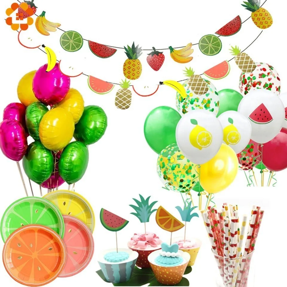 1SET Lovely Fruits Theme Disposable Tableware Pineapple Banner/Balloons Summer Pool Party Wedding Birthday Decoration Supplies