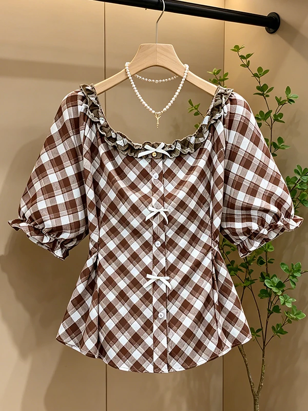 

plus Size Women's Shirt Summer 2026 Plaid Ruffle Sleeve Short Sleeve Waist-Cinching Bubble Sleeve Top French Style Daily Wear