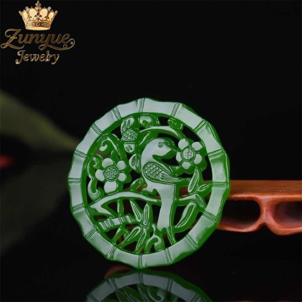 Natural Spinach Green Hetian Jasper Hollowed-Out Double-Sided Magpie Lucky Jade Pendant Exquisite Fashion Jewelry Holiday Gift