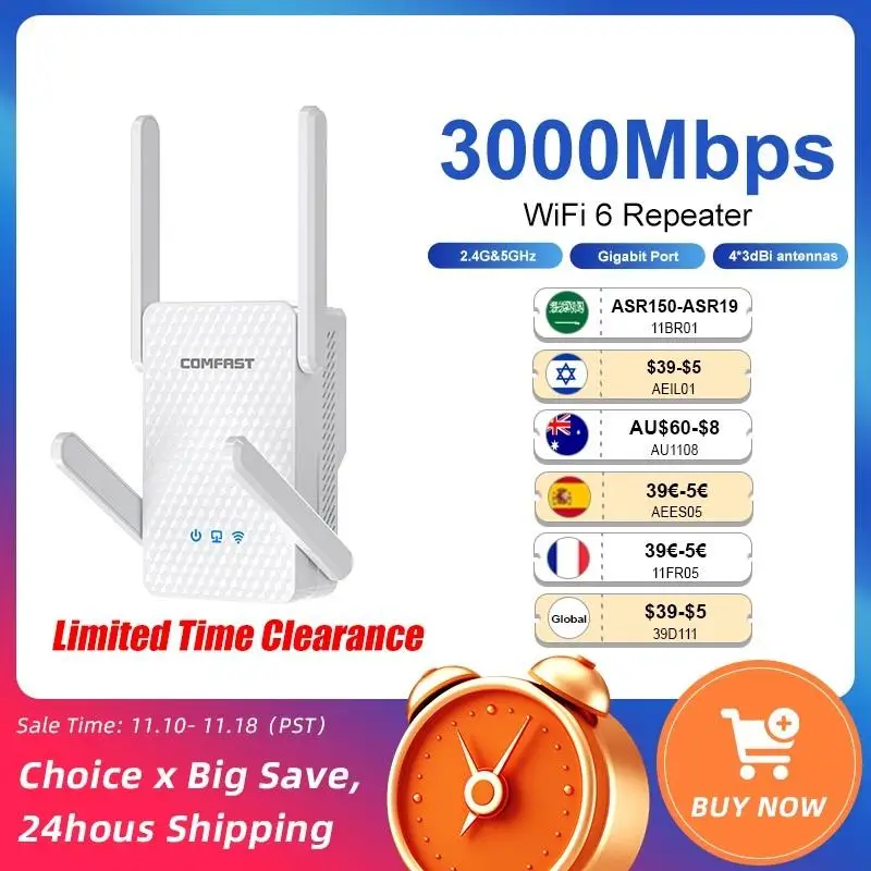 New! 3000Mbps WiFi 6 Repeater 2.4G&5GHz Dual Band Wireless Extender 802.11ax Full Gigabit Port For Home Office CF-XR186