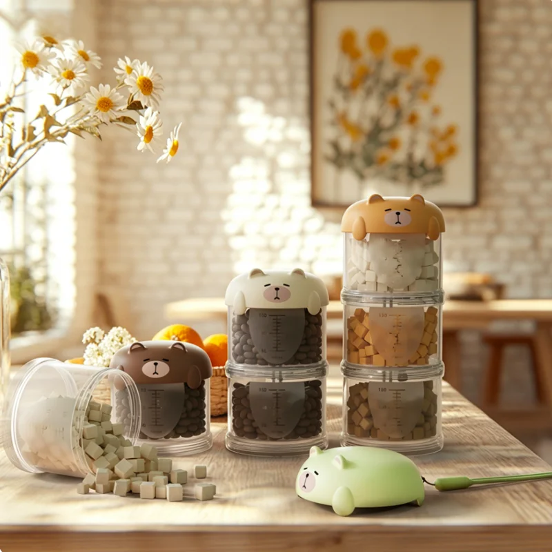 Conteneur à friandises pour animaux de compagnie en forme d'ours mignon, empilable, récipient de stockage hermétique multi-couches pour chien et chat avec échelle de mesure