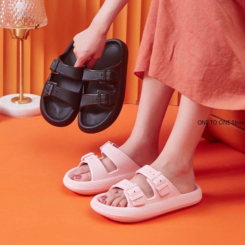

Thick Platform Cloud Slippers Women Fashion Buckle Soft Sole Pillow Slides Sandals Woman 2023 Summer Beach Non-Slip Flip Flops