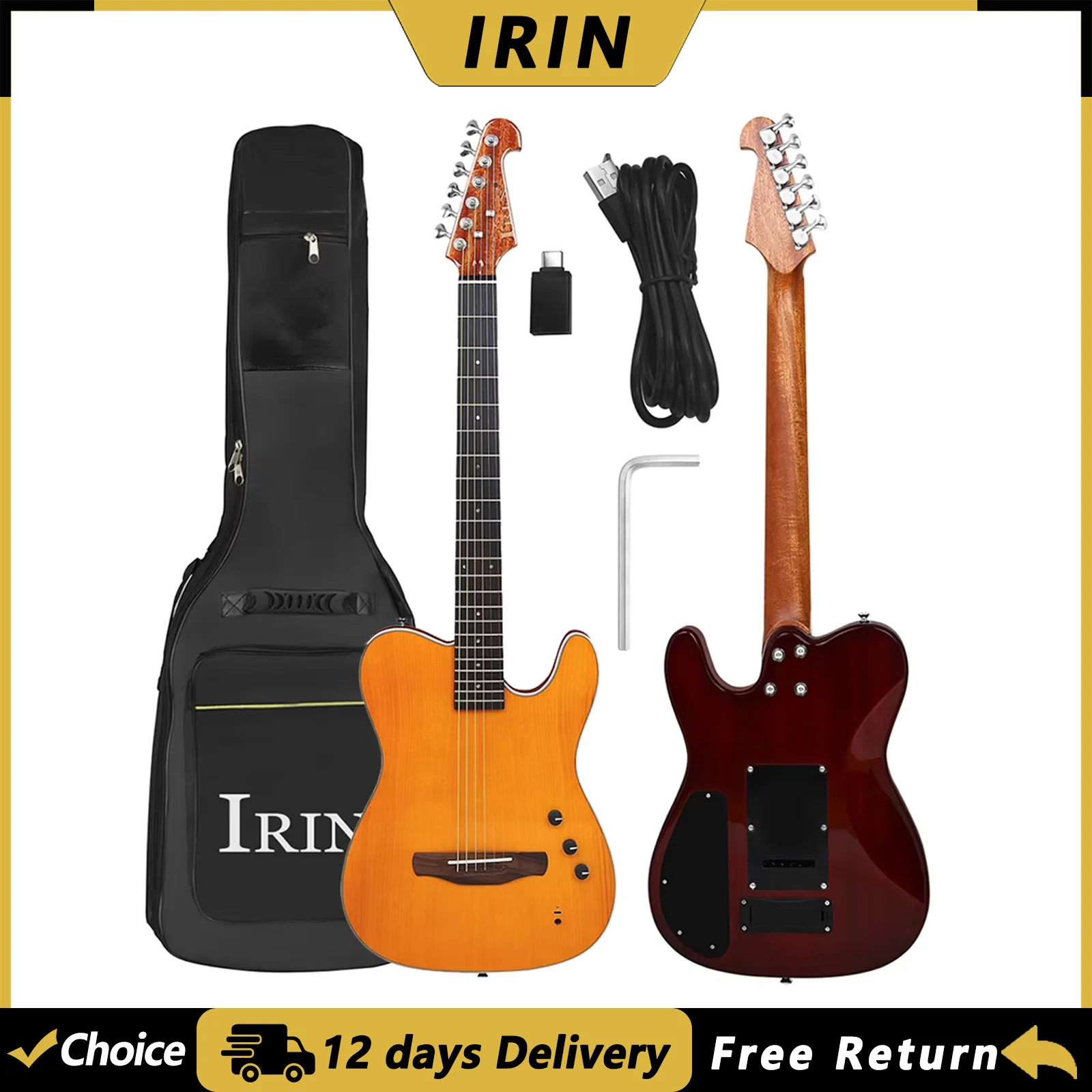 IRIN 39 Zoll Akustikgitarre, leise E-Gitarre, 6 Saiten, dünner Korpus, Fichtenholzdecke, leise Folk-Gitarre mit Tasche und Kabel
