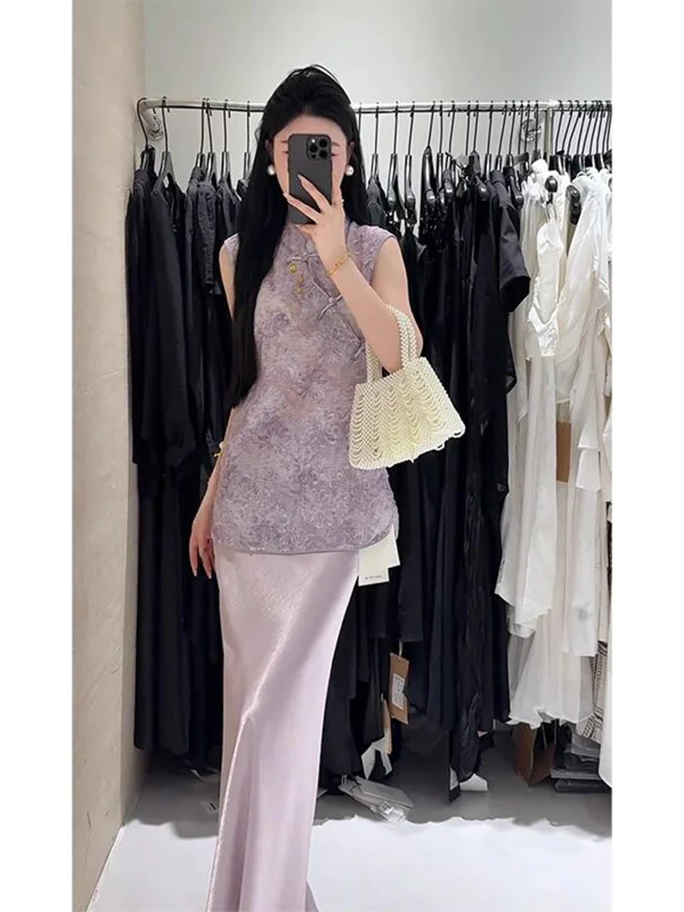 New Chinese Style Zen Inspired Sleeveless Vest And Skirt Set Women's High Waist Long Skirt Two Piece Set Floral Plant Pattern - view 5
