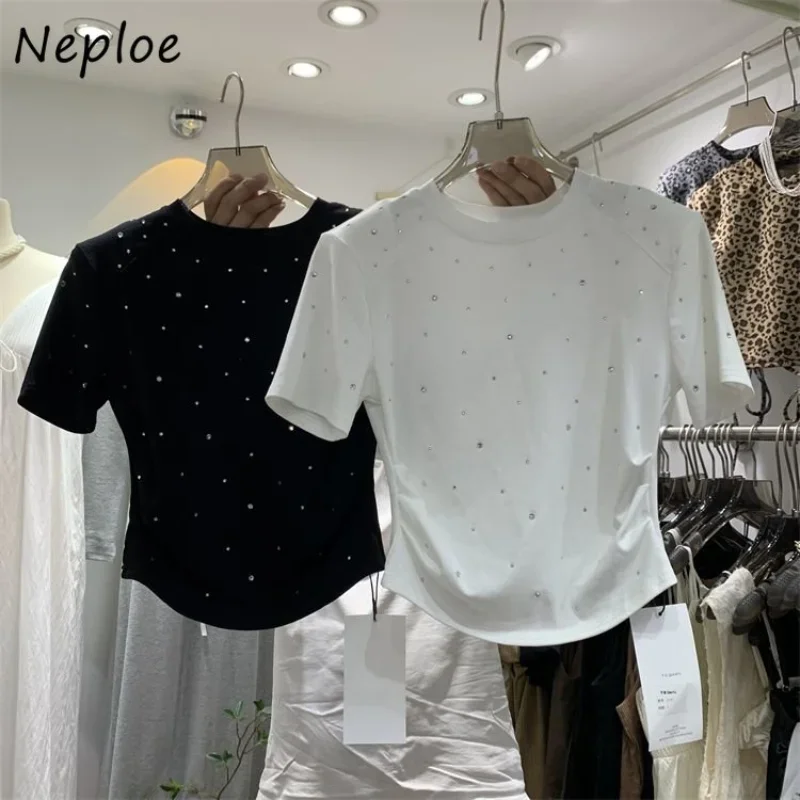 Neploe Diamond O-Neck T-Shirt 2024 Summer Shoulder Pad Slim Fit Solid Color Tees Femme French Sweet Simple Short Sleeve Tops