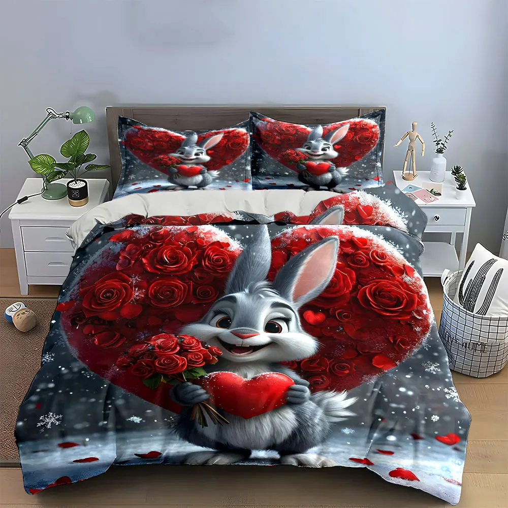 

"Romantic Bunny Valentine Gift Set" Multiple sizes kid's and adults' bedroom Exquisite 3PC bedding set, gift