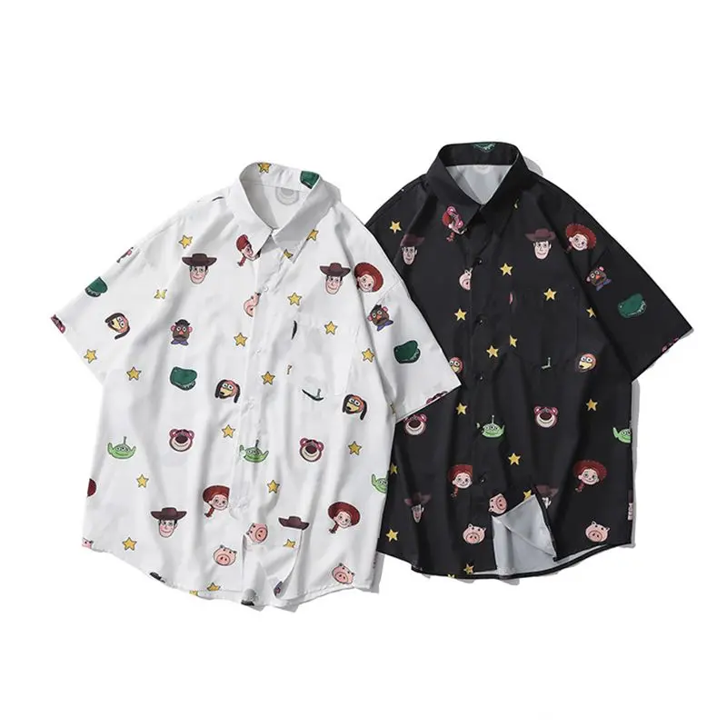 Sycpman Oversize Summer Fashion Cartoon Printing Personality Joker Couples Casual Shirts Mens Male Female Students White Shirt