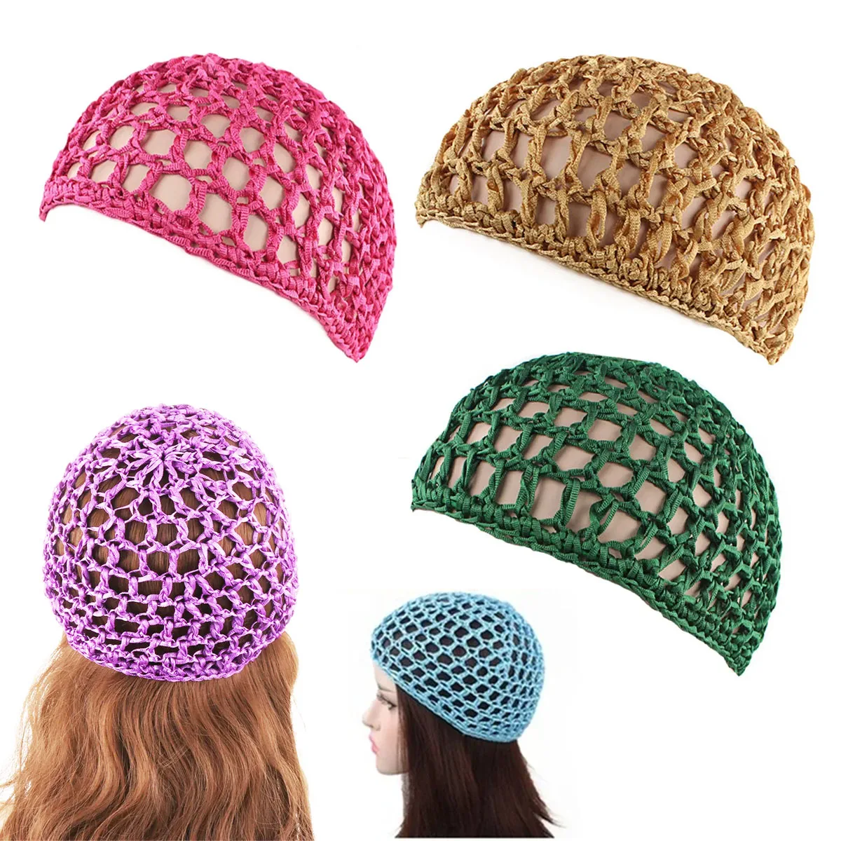 

Womens Mesh Hair Net Crochet Cap Solid Color Snood Sleeping Night Cover Turban