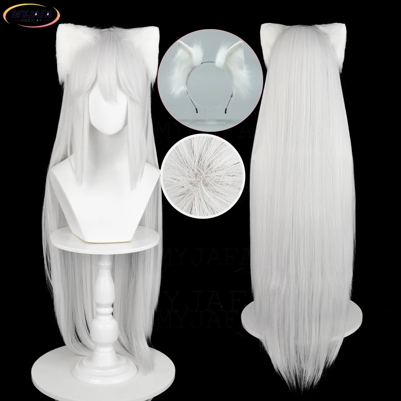 

Tomoe Cosplay Wig Anime Tomoe Long Straight Silver White Heat Resistant Synthetic Hair Halloween Party Wigs + Wig Cap