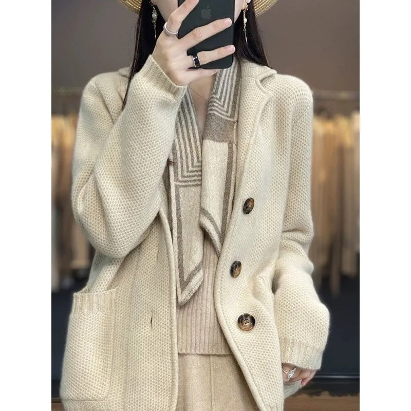 Autumn and Winter Women\'s Solid Color Suit Collar Long Sleeve Single Breasted Knitted Cardigan Pockets Fashion Office Lady Tops