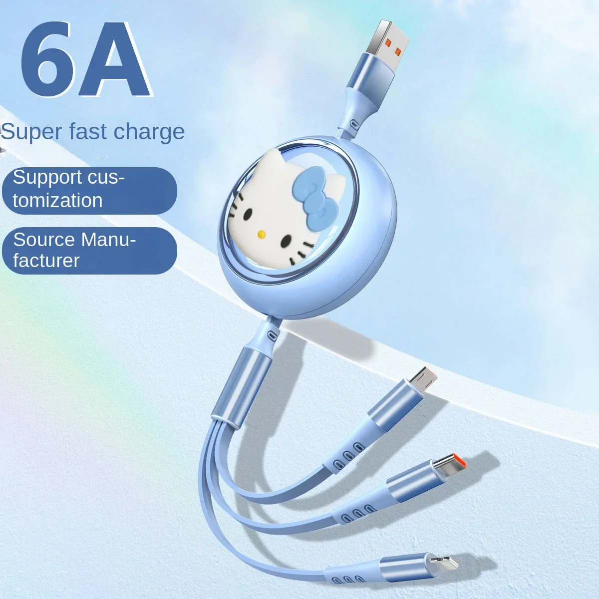 サンリオ キュート ハローキティ 格納式 マルチ 6A 急速USB充電ケーブル 3in1 USB充電ケーブル iPhone/Android対応