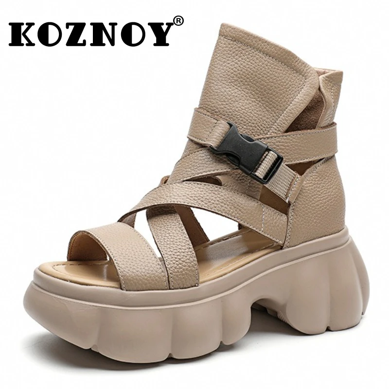 

Koznoy 6cm Genuine Leather Peep Toe Summer Fashion Platform Wedge Flats Shoes Peep Toe Ankle Booties Women Sandal Hollow Flats