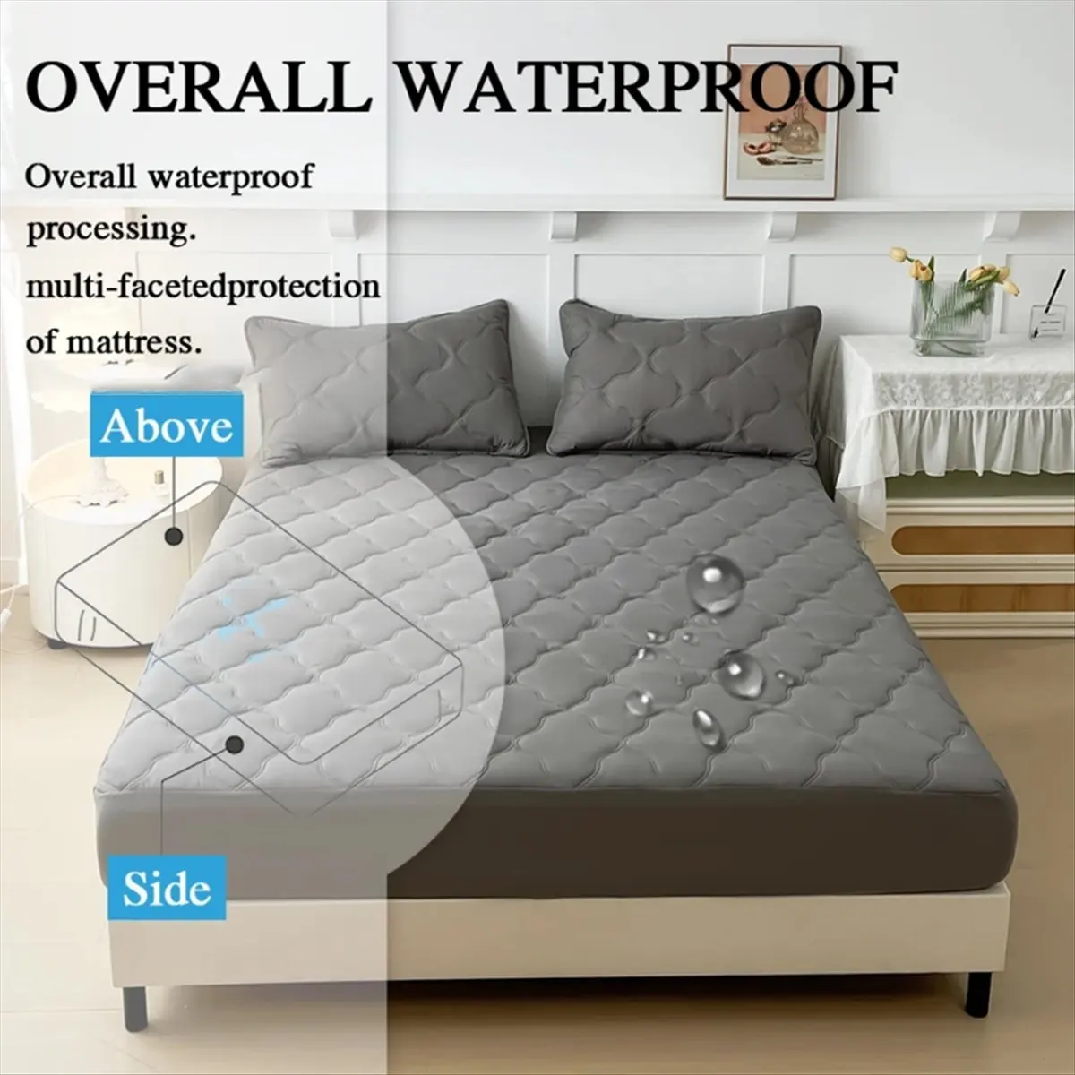 

Learned- Waterproof Fitted Bed Sheets, Mattress Pads Soft Microfiber Breathable Bedspreads Cover Protector for 180x200cm Queen