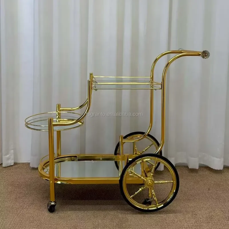 Top Quality Strong Load Hotel Restaurant Food Home Bar Wine Cart Dessert Gold Commercial Party Wedding Drink Trolley