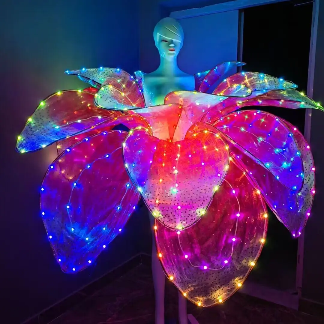 Robe Rose à Fleurs avec Lumière LED, Tenue de Scène Cool, de Luxe, de Spectacle de Carnaval