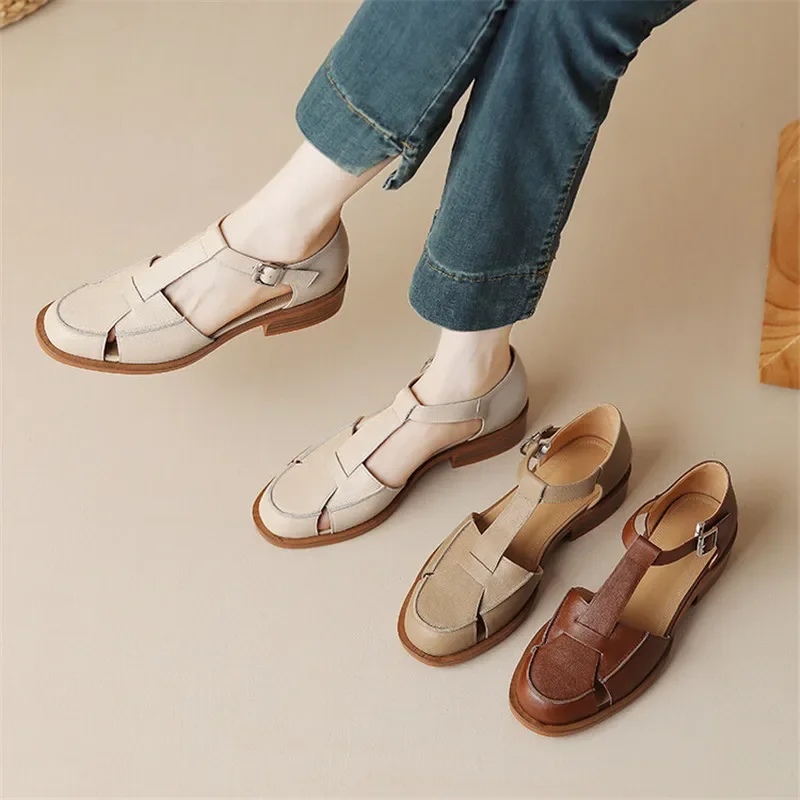 2023 Summer Sandals Cowhide Round Toe Women Sandals Chunky Heel Women Shoes Cover Toe Shoes for Women Hollow Out Mary Jane Shoes