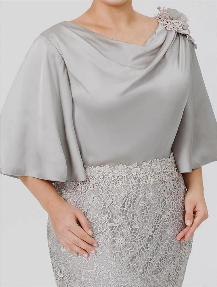 Silver Grey Stain Mother of the Bride Dress O-Neck 3/4 Sleeves Zipper Lace Plus Size Wedding Guest Evening Party Gowns Mermaid