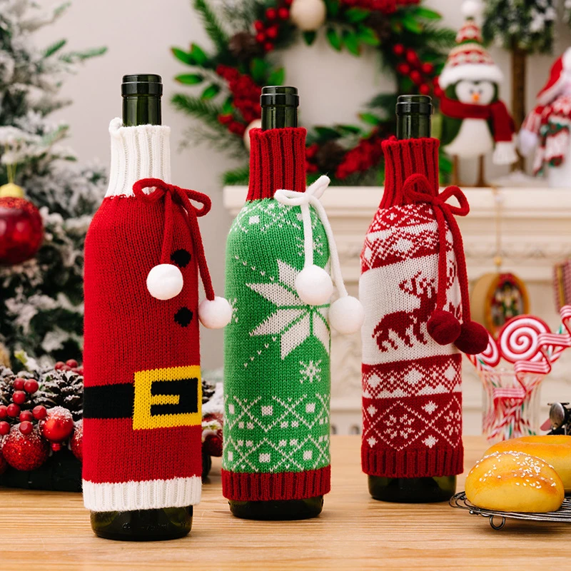 Christmas Wine Bottle Cover Cute Pattern Knitted Wine Bottle Bag For Christmas Party Dinner Table Decoration New Year Gift