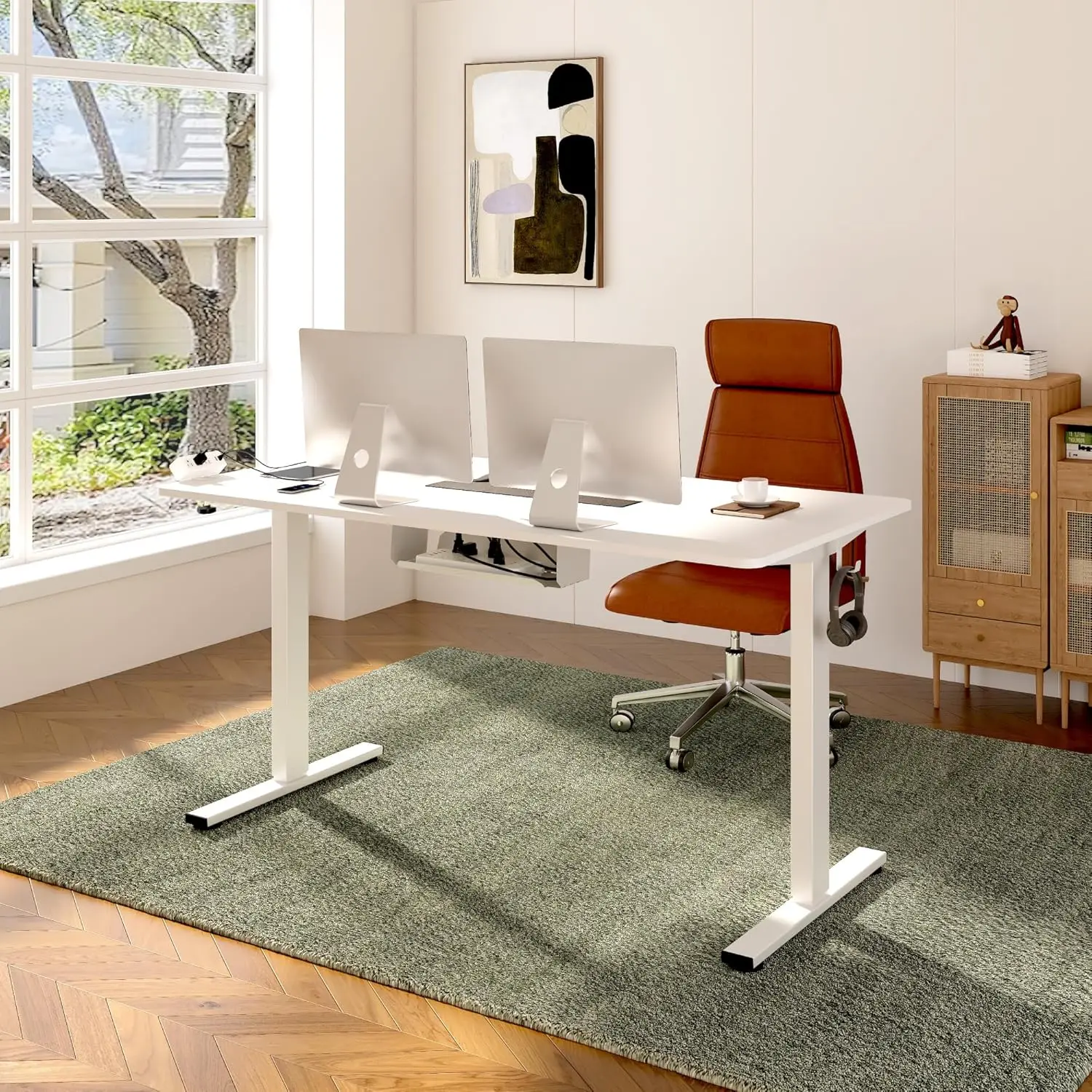 Vertical table with clip on power board, 55 x 28 adjustable vertical height table (white frame+55 