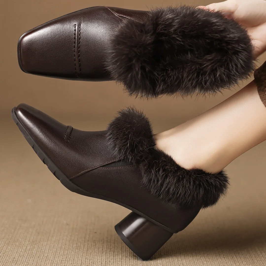

Women's sheepskin rabbit fur patchwork square toe short plush inside slip-on winter warm pumps 5cm med heels slim dress shoes 40