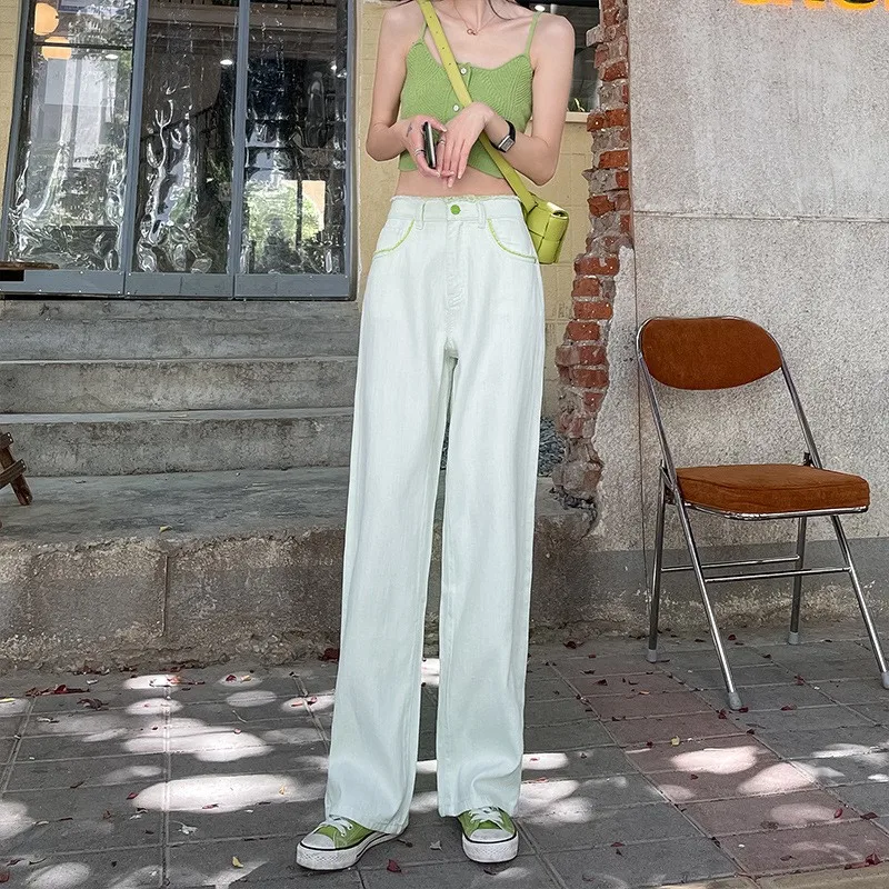 

Женские прямые джинсы с высокой талией и широкими штанинами, свободный крой, утягивающие белые джинсовые брюки длиной до пола, драпированные джинсовые брюки