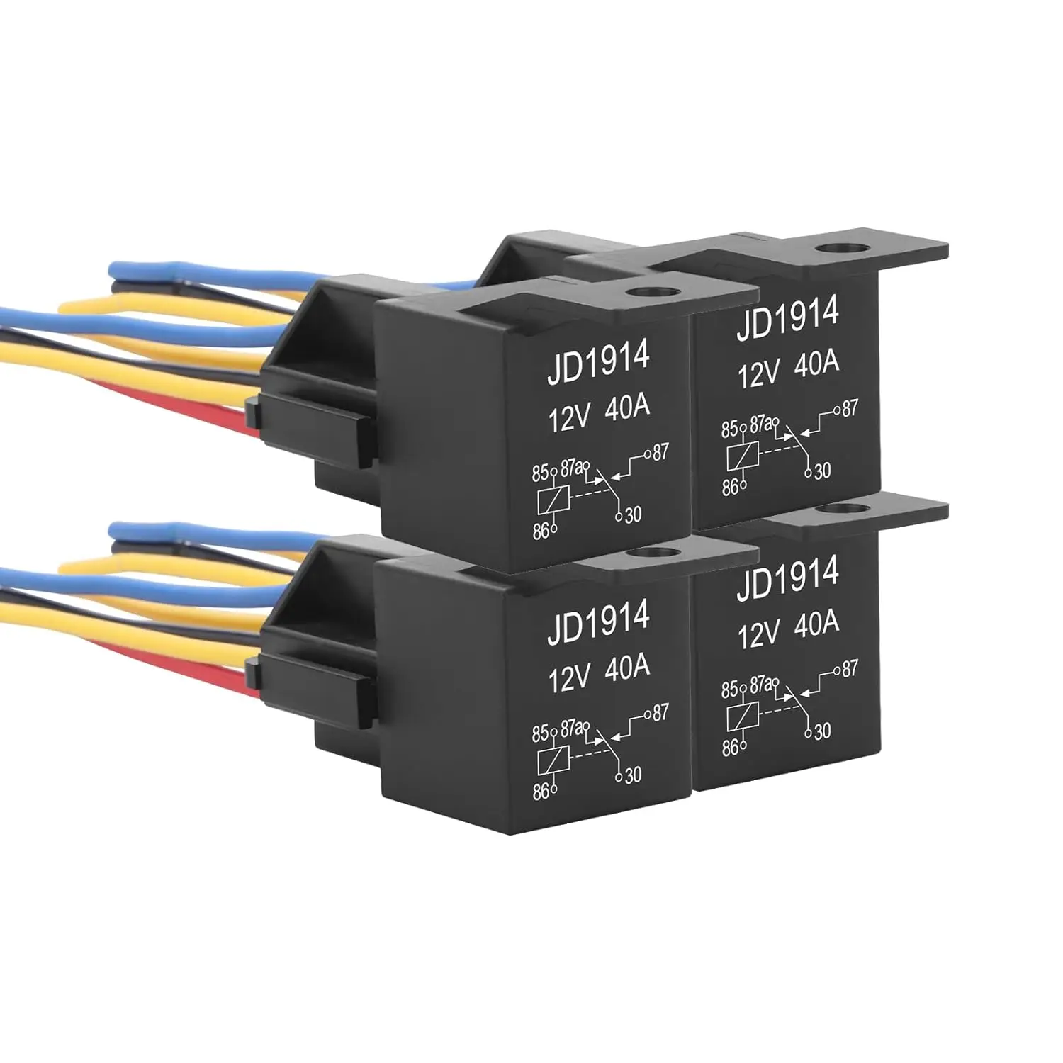 4er-Pack JD1914 Auto-Relais-Set, 12 V, 40 A, SPDT, 5-poliges Kfz-Relais mit ineinandergreifendem Relaissockel und Kabelbaum