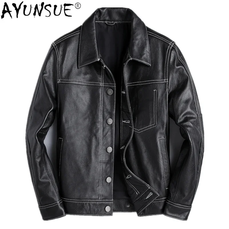 

AYUNSUE Spring Autumn Genuine Leather Jacket Men 100% Cowhide Mens Clothing Vintage Motorcycle Men's Coat 2021 Veste Hommes