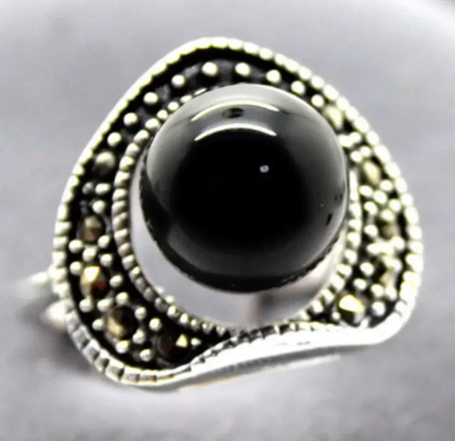 FINE jewelry    Natural 8mm Black Agates Beads Tibetan Silver Marcasite Ring Size 7/8/9/10